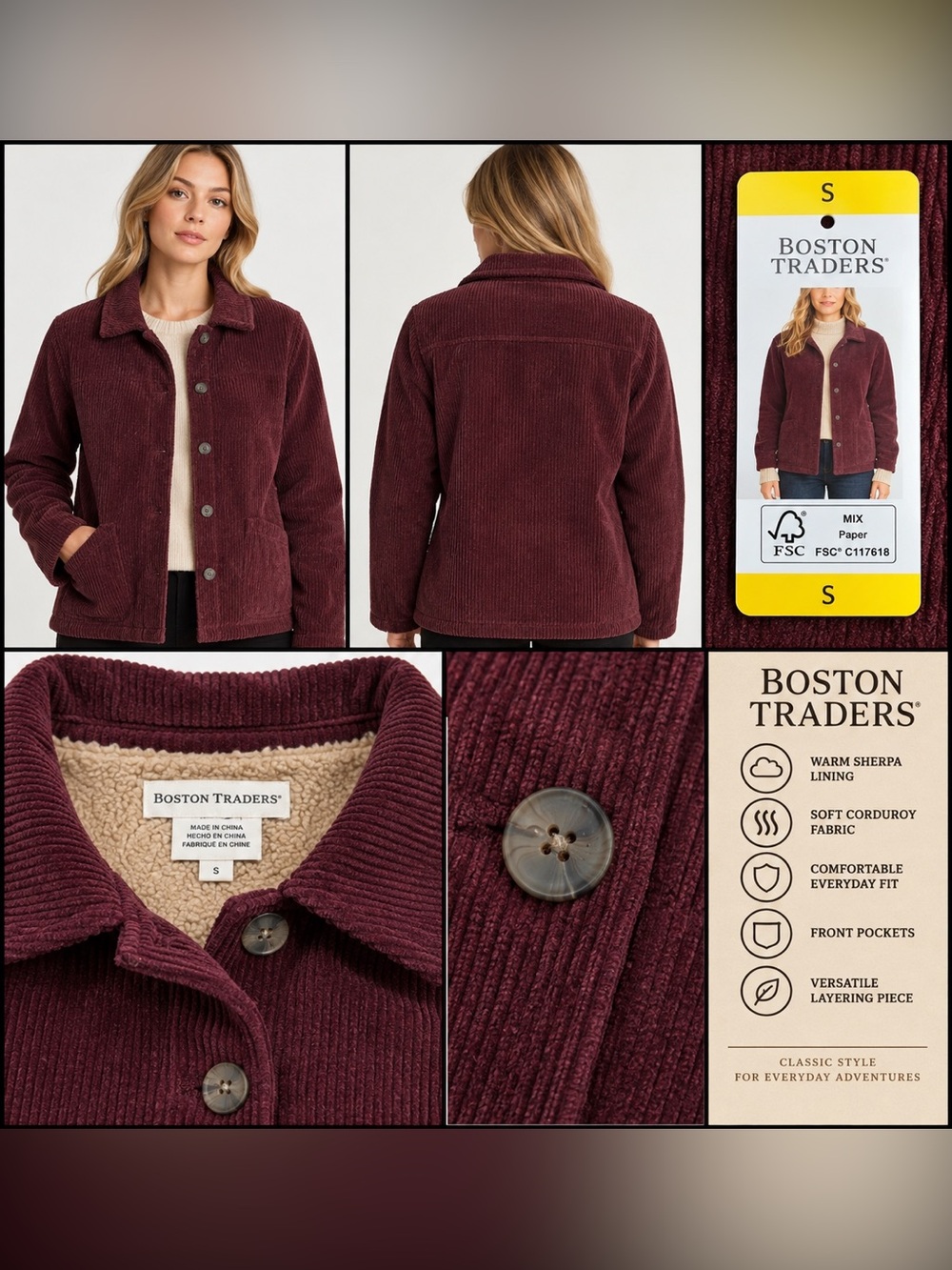 Boston Traders Women's Wine Corduroy Sherpa Jacket